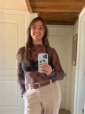 Free People Semi-Sheer Floral Mesh Long-Sleeve Top in Dark Brown Large